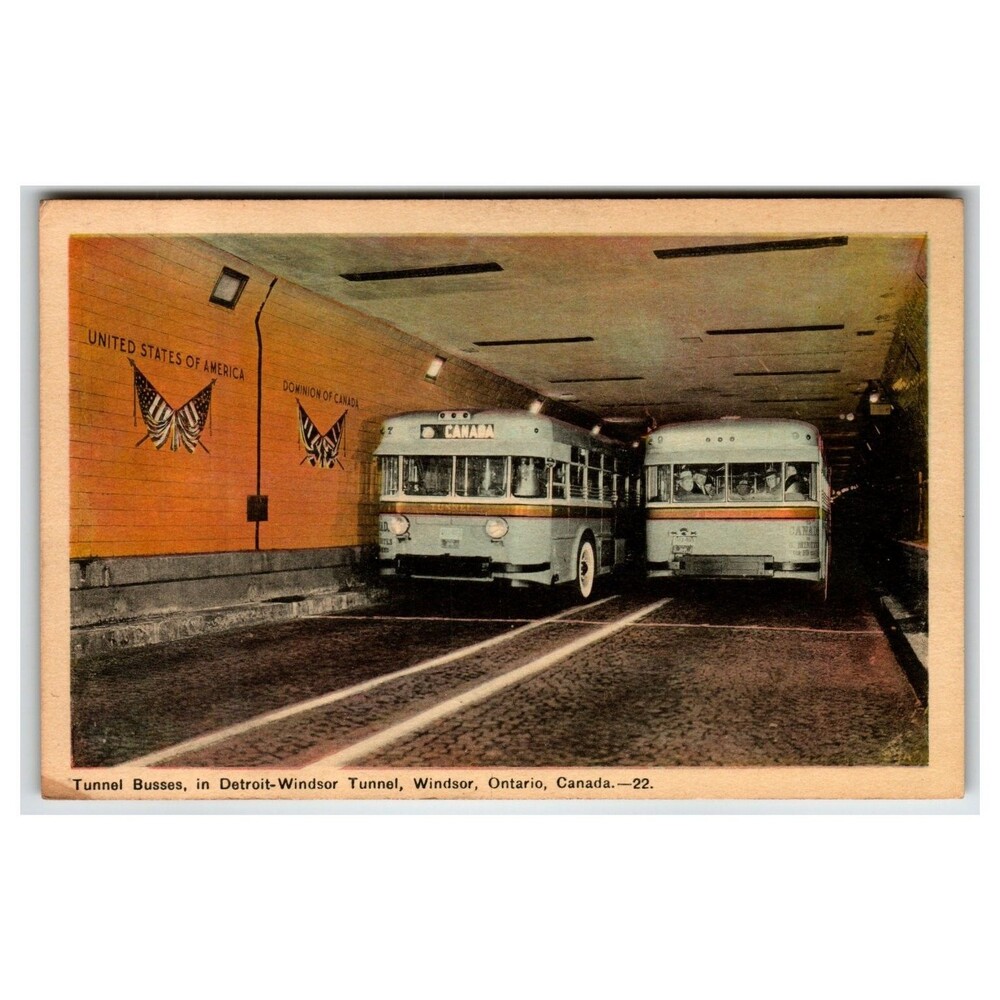 Detroit-Windsor Tunnel Busses Canada USA Border Vintage Postcard PECO